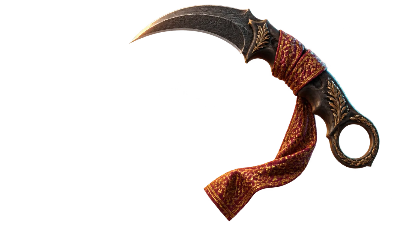 Karambit berhulu tanduk berukir, dililit selendang songket merah dan emas yang menjuntai.