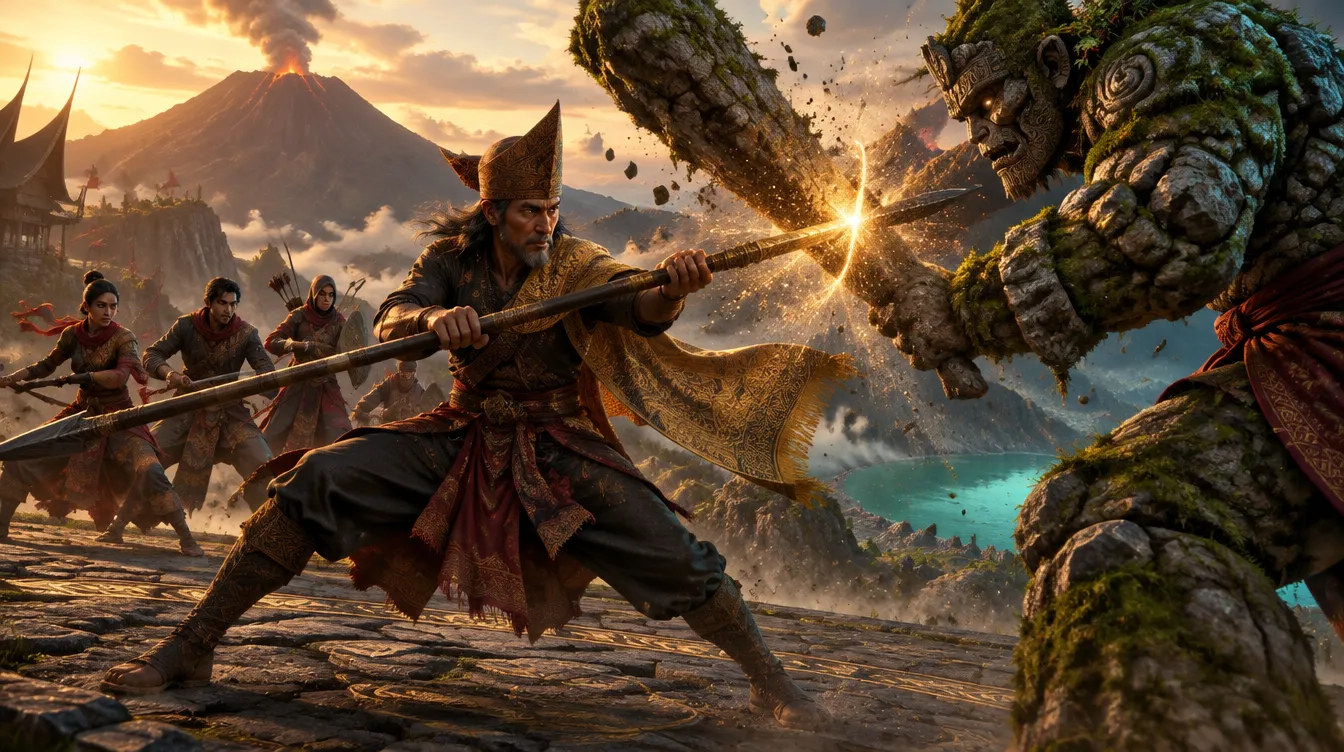 Tuah menahan pentungan batu dengan tombak.