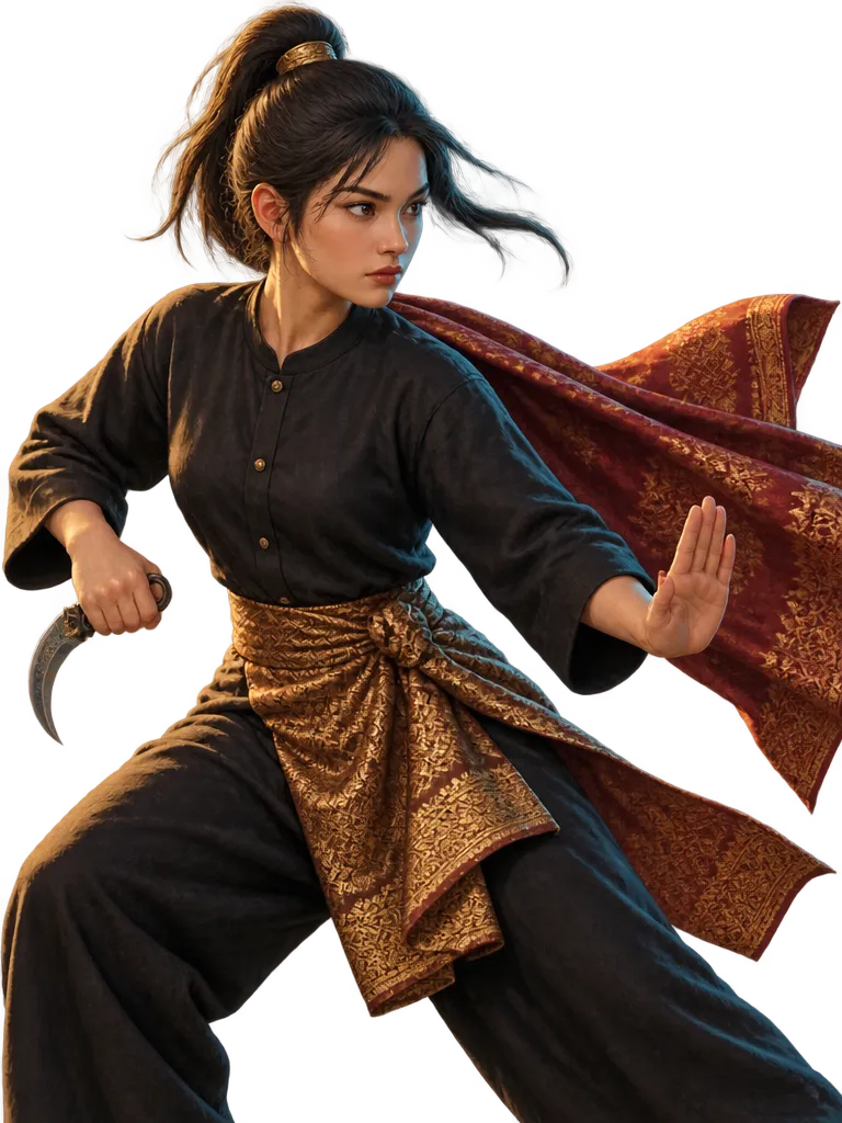 Puti Sanra dalam sikap silek rendah, karambit di tangan kanan, selendang songket merah dan emas berkibar di belakangnya.