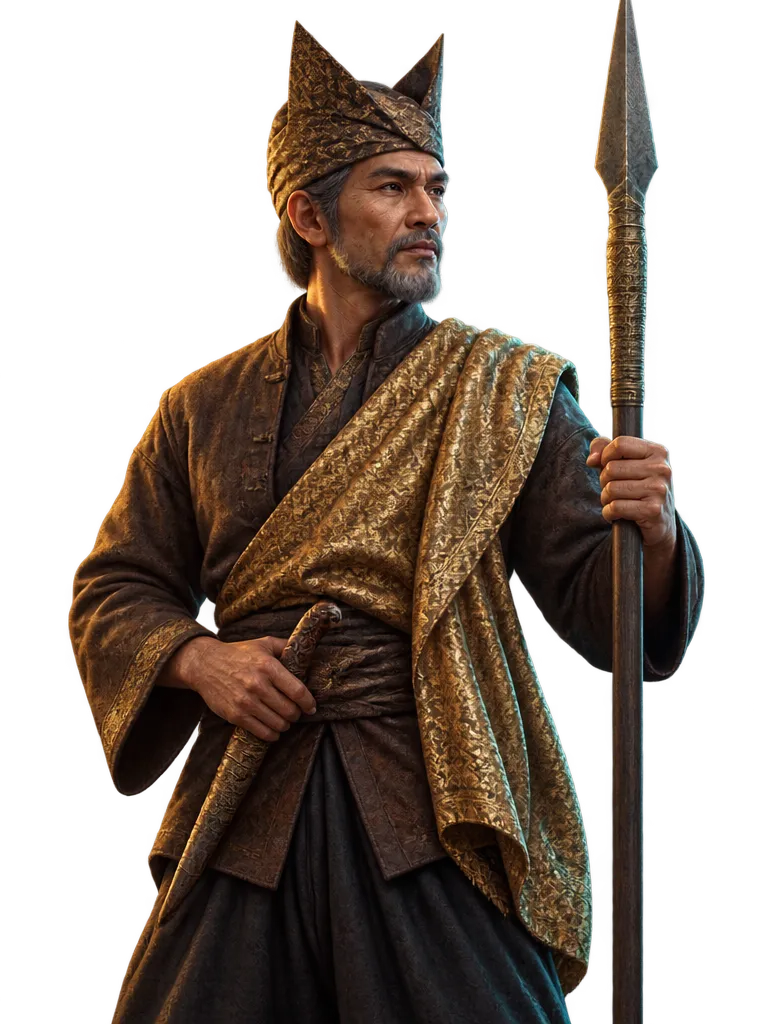 Mamak Tuah berdiri dengan tombak tegak.